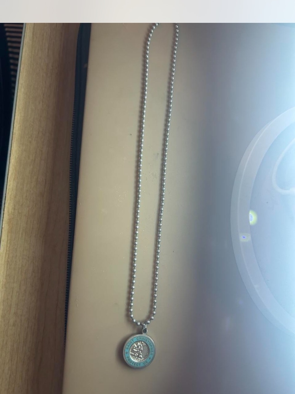 St Christopher  Silver necklace with blue circular pendant #tree #pendant